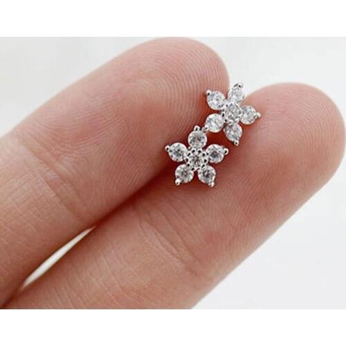 YPAY 100% Real 925 Sterling Silver Zircon Plum Blossom Small Flower Cute Stud Earrings Pretty Woman Girls Ear Jewelry YME173