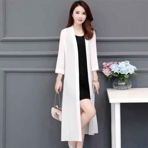 Women Boho Solid Chiffon Shawl Split the fork Tops Long Cardigan Nine Quarter Sleeves Blouse