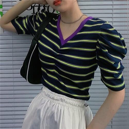 Contrast Puff Sleeve Vintage Women Sweater Tops Pullovers 2020 Summer New Sweet Naughty Girls T-shirt Strip V-neck Sexy Clothing