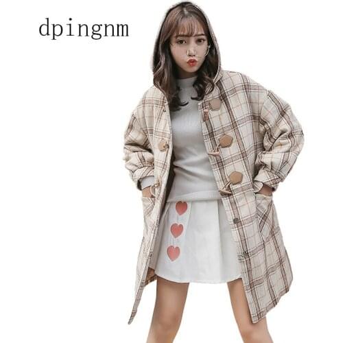 Fashion Cashmere coat Women Winter Coat Mew style Loose Printing grid Wool coat Temperament High quality fabrics BN2609
