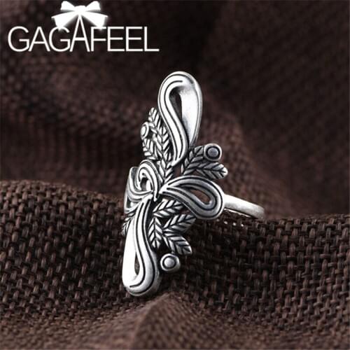 GAGAFEEL Vintage Bowknot Ring For Women Fashion Full Silver Tree Leaf Open Rings Thai Silver Adjustable Leaves Ring