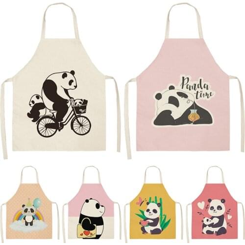 1Pcs Cute Panda Letter Kitchen Aprons For Women Cotton Linen Bibs Household Cleaning Pinafore Home Cooking Apron 53*65cm WQL0198