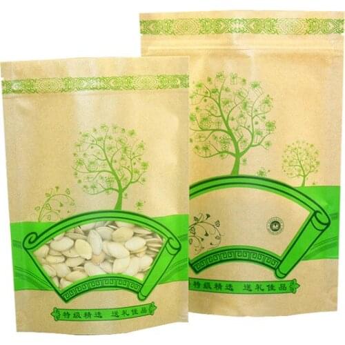 100 pcs/lot Zip lock Green Kraft Paper Window Bag Stand up Gift Dried Food Fruit Tea packaging Pouches Zipper Self Sealing Bags