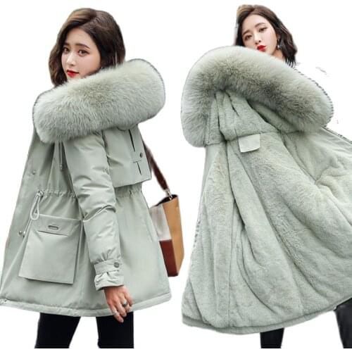 2020 Ladies Velvet Liner Thicken Hooded Parka Women Slim Big Fur Collar Outerwear Autumn Winter Jacket Women Coat Parkas Female