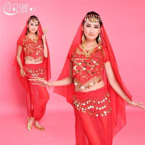 4PCS/SET (Top+Pant+Belt+ Veil for Head) Belly Dancing Clothes, Indian Dance Costume for Performance Stage Wear Women Dance Dress