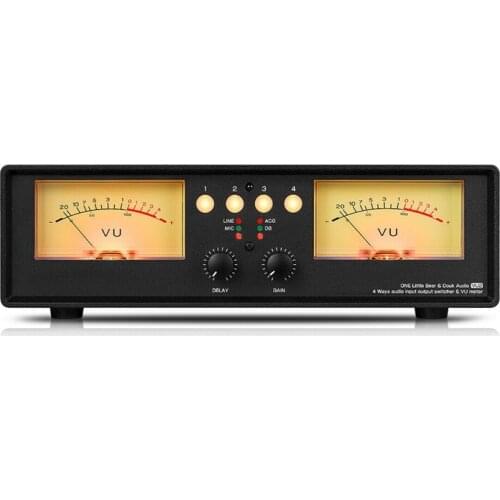 MIC+LINE Dual VU Meter Audio Splitter Box 4-Way Switcher Sound Level Indicator
