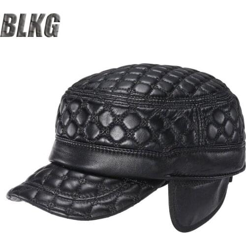 Brand New Genuine Leather Baseball Cap Men Plaid Sheepskin Dad Hat Autumn Winter Keep Warm Windbreaker Earmuffs Falt Hat For Men