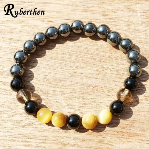 Ruberthen Smoky Quart z Tiger Eye Bracelet Hematite Black Tourmaline Bracelet Protection Healing Balance Yoga Jewelry