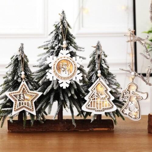 Wooden Light Up Christmas Pendants Luminous Xmas Tree Drop Ornament Holiday Home Lighting For Christmas Party Decoration