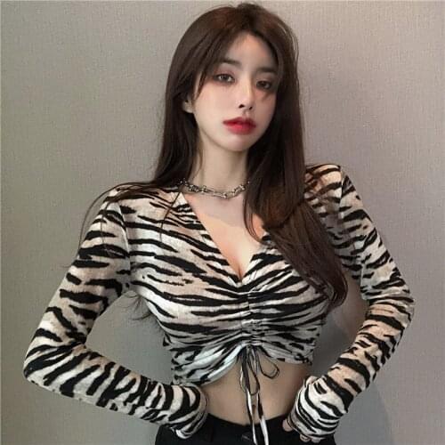 Zebra Pattern Crop Tops Women Long Sleeve Color Hit positive Drawstrings Slim Midriff T-Shirts 2021 Spring Hot Clubwear FC792
