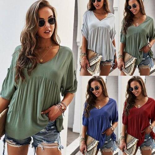 Summer Casual V-neck Solid Color Women T-shirt Fashion Loose Cotton Top Ins Style Daily -40