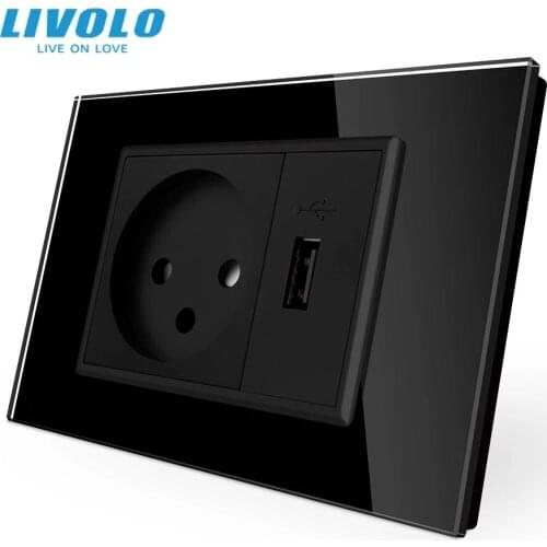 Livolo Power Socket with Usb Charger , White/Black Crystal Glass Panel, AC 250V16A Wall Power Socket , VL-C9C1IL1U-11/12