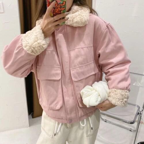 European and American new leisure big pocket winter fashion splicing loose and thin lamb wool coat cotton padded jacket