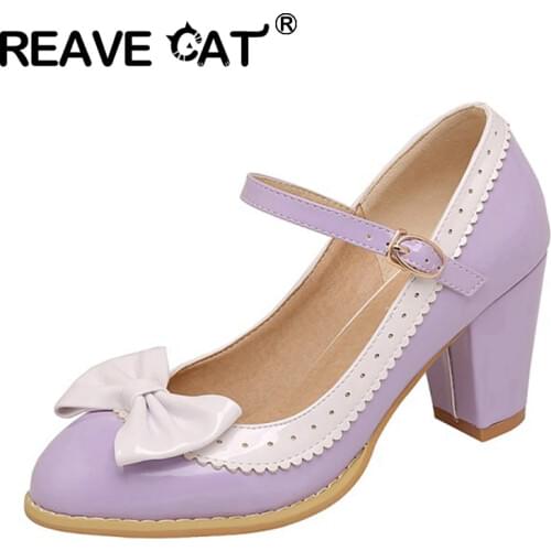REAVE CAT New 2021 Ladies Pumps Round Toe 9cm Square Heels Sweet Bowtie Lolita Cute Cosplay Buckle Big Size 32-48 Summer A3458