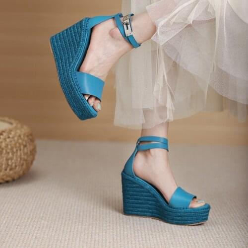 Summer Fashion Sandals Genuine Leather Womens Sandals High Heels Wedges Shoes Woman Peep Toe Platform Womens Shoes 34-41