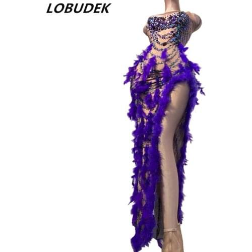 Sexy Lead Dancer Stage Wear Purple Rhinestones Sequins Feather Slit Long Dress Nightclub Bar Party Singer Performance DS Costume