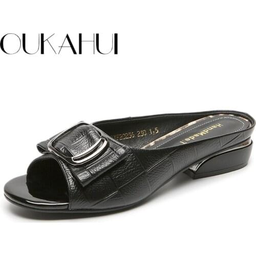 OUKAHUI Fashion Genuine Leather Peep Toe Slippers For Women 2021 Summer New Outside Metal Buckle Low Heel Modern Ladies Slippers