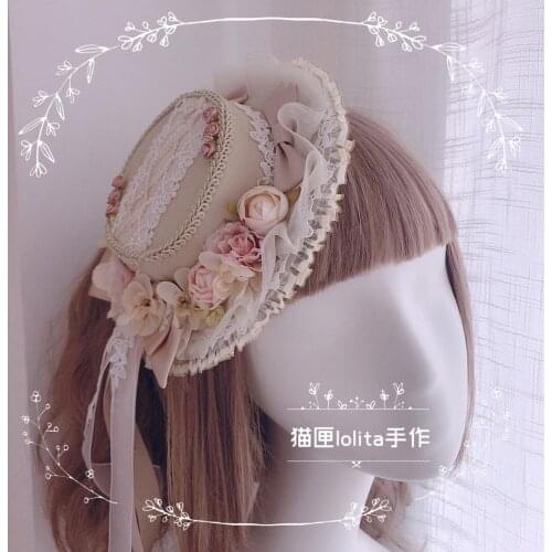 Lolita Handmade Vintage Apricot Elegant Flat Hat Loli Girl Flower Lace Trim Bowknot Long Ribbon Top Hat Women Dome Hat