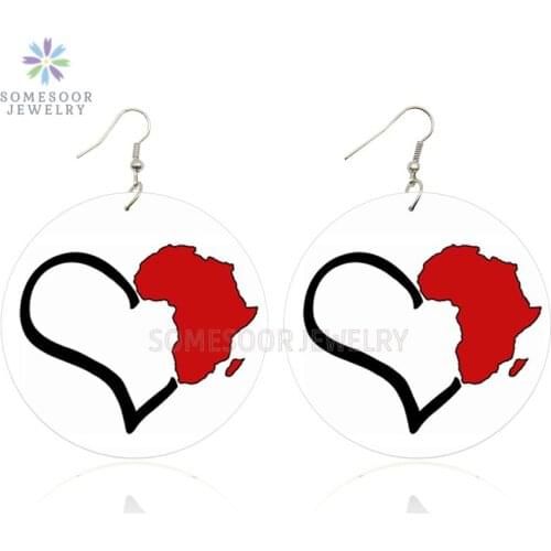 SOMESOOR Love Africa Wooden Drop Earrings Afro Heart Design Double Sides Printing Wood Pendant Dangle Jewelry For Women Gifts