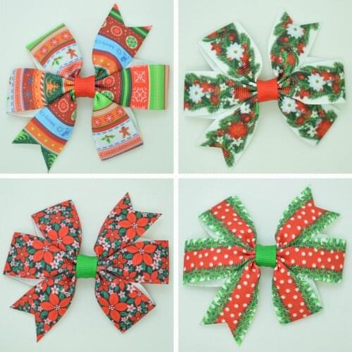 SUPWRF 3.1'' Christmas flowers cute bow Girls Hair Bow With Clip Boutique Printed Ribbon headwear diy wholesale 20 PCS T0929