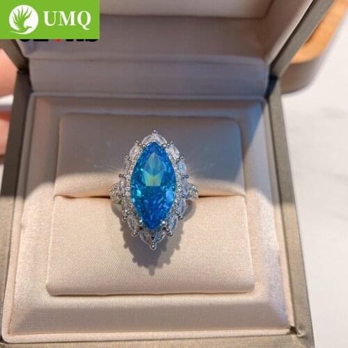 UMQ 100% 925 Sterling Silver 9*18mm Yellow Blue High Carbon Diamond Radiant Cut Rings For Women Sparkling Party Fine Jewelry