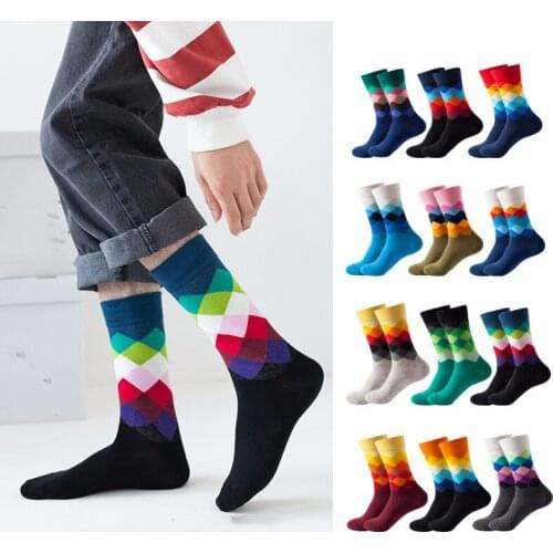 1PC Womens Diamond Pattern Cotton Stockings Fashion Trend Neutral Mens Socks