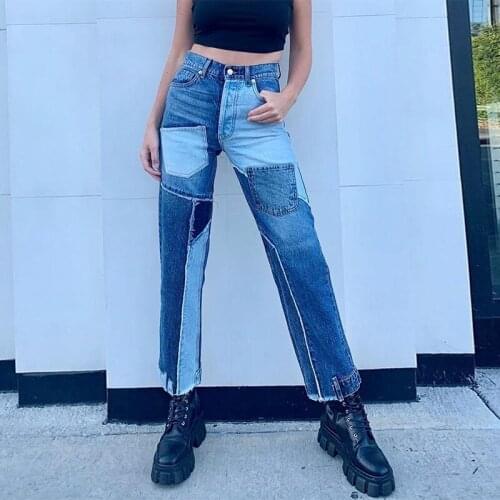 Irregular Pockets Patchwork High Waist Straight Jeans Women Spring 2021 Fashion All-match Two Tone Jeans Lady Vintage Blue Pants
