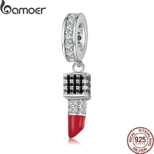 Bamoer Sterling Silver 925 Clear CZ Dazzling Lipstick Pendant Charm for Women Original Silver Bracelet or Necklace SCC1392