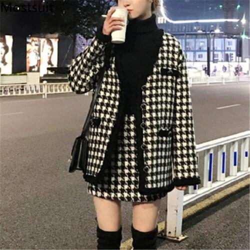 Houndstooth Vintage Two Piece Sets Outfits Women Autumn Cardigan Tops And Mini Skirt Suits Elegant Ladies Fashion 2 Piece Sets
