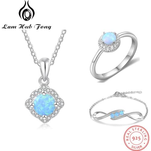 Opal Jewelry Sets for Women 925 Sterling Silver Jewelry Sets Opal Ring Pendant Necklace Bracelet Fine Jewelry (Lam Hub Fong)