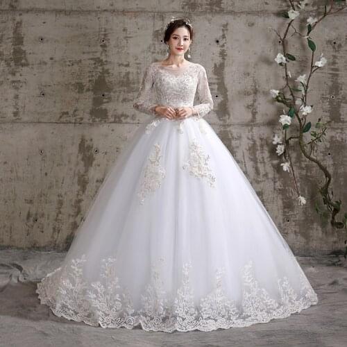 New Plus Size Wedding Dress O Neck Long Sleeve Wedding Gown Lace Applique Vintage Robe De Mariee Sweet Bridal Vestidos De Novia