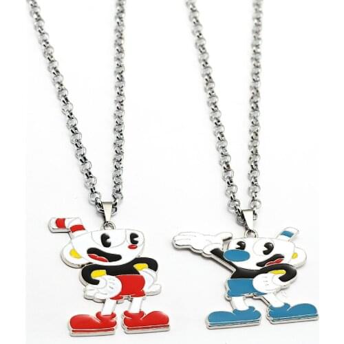 Jewelry Women Cuphead Necklace Cartoon Games Teacup Head People Alloy Pendant Statement Necklace Red Blue Gifts For Girls