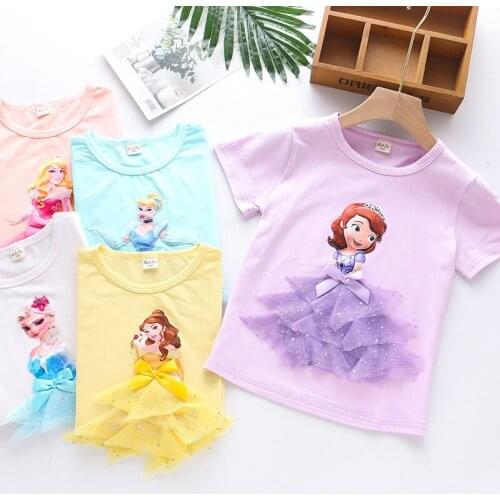 2021 Girl Summer Princess T-Shirt Elsa Childen Cotton Tees Lace T Shirt 3D Sofia Appliques Kid Birthday Top Clothing Shirt