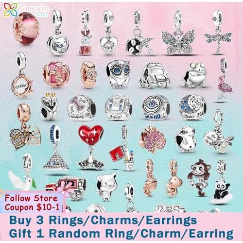 Smuxin 925 Sterling Silver Beads Pink Pave Leaf Queen&Regal Crown Charms fit Original Pandora Bracelets Women Jewelry Girl Gift