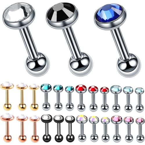 3Pcs/lot Steel Crystal Flat Gem Ear Cartilage Helix Tragus Barbell Ear Stud Piercing 16G Earring Piercing Jewelry For Sexy Girls