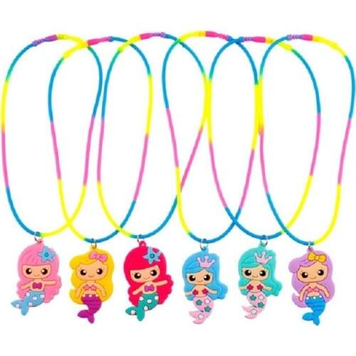 6pcs PVC Soft Rubber Mermaid Necklace For Birthday Party Decorations Kids Girl Gift Cute Mermaid Tail Pendant
