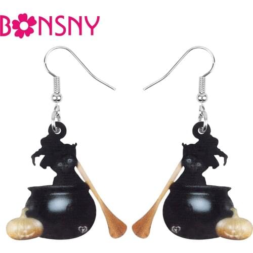 Bonsny Acrylic Halloween Black Lovely Cat Earrings Pet Animal Dangle Drop Jewellery For Women Kids Girls Classic Gift Decoration