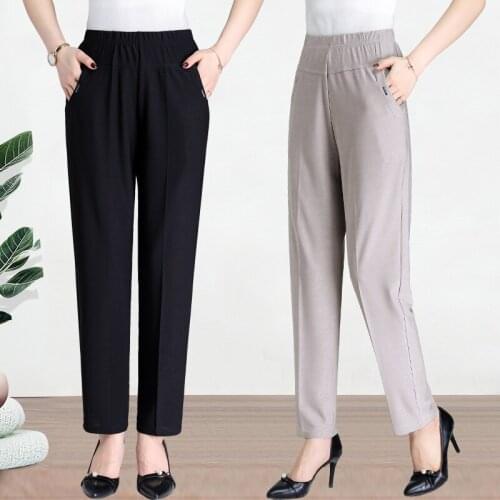 Summer Thin Middle-aged Mothers' Trousers Loose Stretch High-waist Nine Split Pants Plus size Casual Female Straight-leg Pants