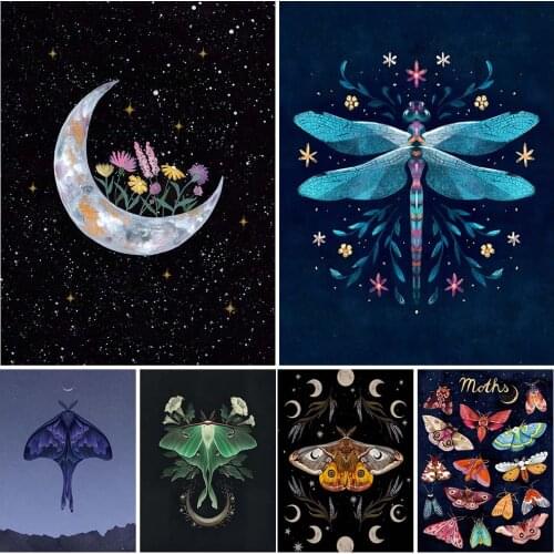 Flower Snake And Moon Wall Art Canvas Painting Decoration Wicca Lunar Phase And Moth Posters And Prints Decoration Unframed