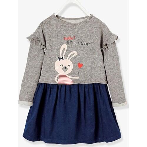 Little Maven Spring Autumn New Kids Gray Blue Patchwork Rabbit Full-Sleeved O-neck 1-6yrs Knitted Cotton Girls Casual Dresses