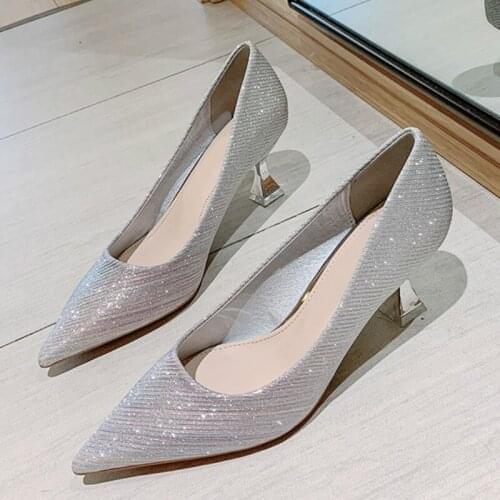 Women Pumps High Heels Metal Head Pointed Stiletto Gradient Work Shoes Sexy Sequins Shoes Zapatos Mujer W32-45