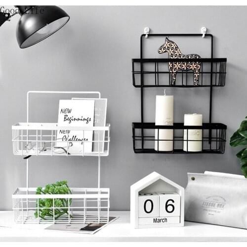 Double-Layer Wrought Iron Kitchen Bathroom Wall Shelf Free Perforation Dormitory Wall Hanging Storage Basket