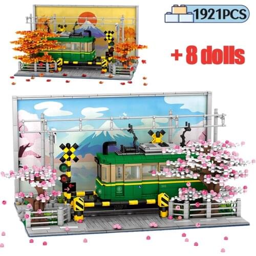 City Street View Cherry blossoms Kamakura Train Building Blocks Creator Architecture Anime Car Figures Bricks Toys For Children