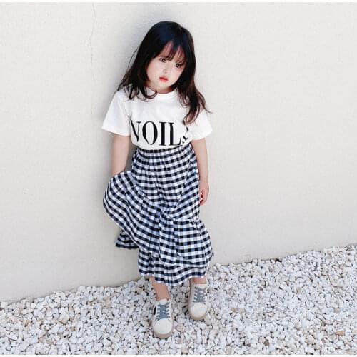 Kids Clothes Sets Summer Children Letter Short-sleeved T-shirt Tops New Baby Girls Plaid Big Ruffle Loose Casual Long Skirts