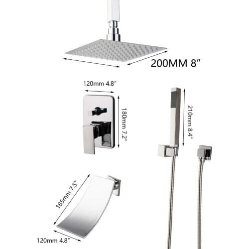 8Inch Chrome Shower Faucet Set Rainfall Square Shower Head Mixer Waterfall Tub Tap
