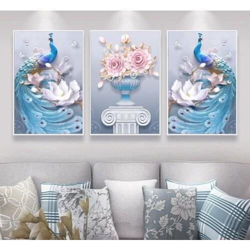 New Western Style Abstract 3 Pieces Three-dimensional Couple Peacock Vase Printed Canvas Painting Living Room Wall Art Pictures