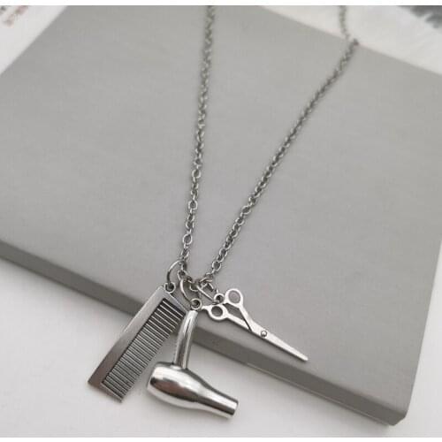2020 new hair stylist necklace hair dryer scissors comb necklace hairdresser pendant creative fashion handmade necklace gift