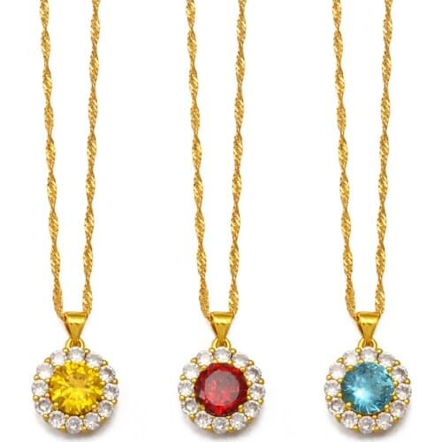 Anniyo Round Colorful Stone Necklaces Women Girls,Crystal/Cubic Zirconia Charm Red Blue Yellow Pendant Chains Jewelry #201625