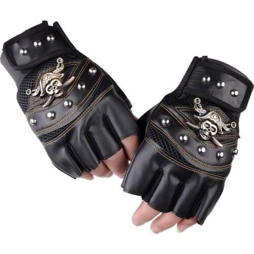 Skulls Rivet PU Leather Fingerless Gloves Men Women Fashion Hip Hop Womens Gym Punk Gloves Half Finger Mens Gloves