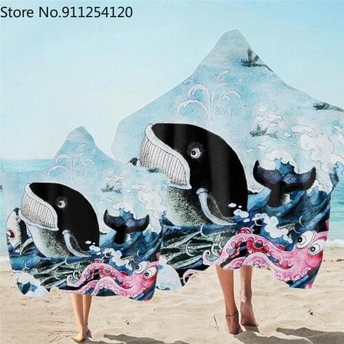 Sea World Printed Microfiber Beach Towel with Cloak Quick Drying Absorbent Bath Hooded Poncho Towels for Parent-child Beachwear